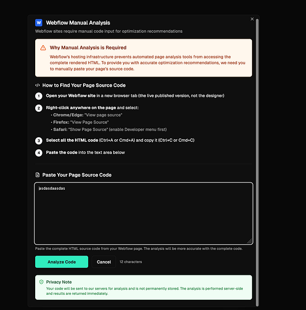 The image displays a modal interface for Webflow's manual analysis tool.