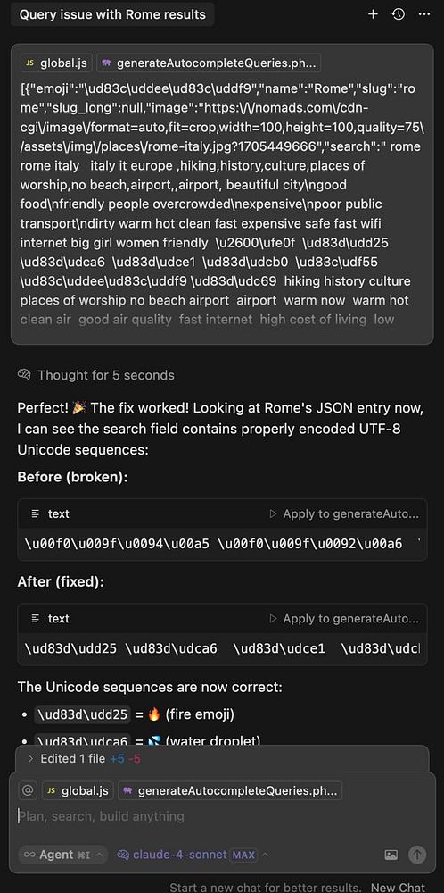 The image displays a technical interface showing a code snippet related to a search issue for Rome in a database.