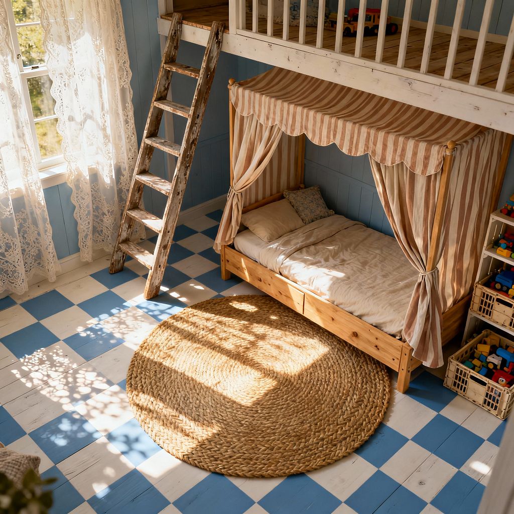 A sunlit kids’ room in farmhouse style features a natural wood canopy bed draped with beige-and-white striped curtains, a weathered ladder leading to a white loft, and a blue-and-white checkered painted wood floor. Lace curtains filter light from a large window onto a round braided jute rug, with open crates of toys neatly stacked along the wall and light blue paneling adding a soft backdrop.