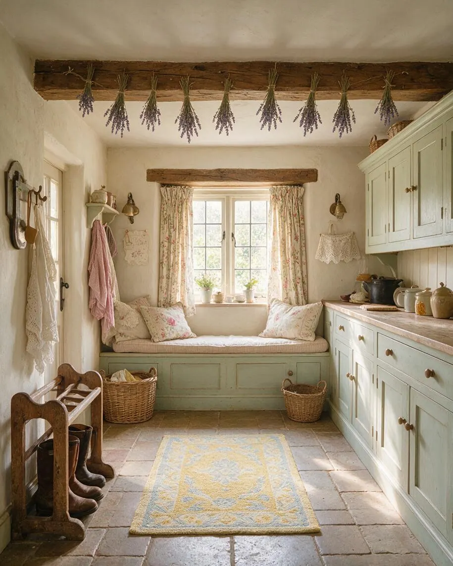 A cozy cottagecore mudroom with exposed rustic wooden beams across the ceiling, bundles of dried lavender hanging overhead, and pale sage built-in cabinetry lining one wall. A cushioned bench sits beneath a window framed by floral curtains, with wicker baskets, a painted wood shoe rack, and an earthy stone tile floor completing the soft, rustic look.