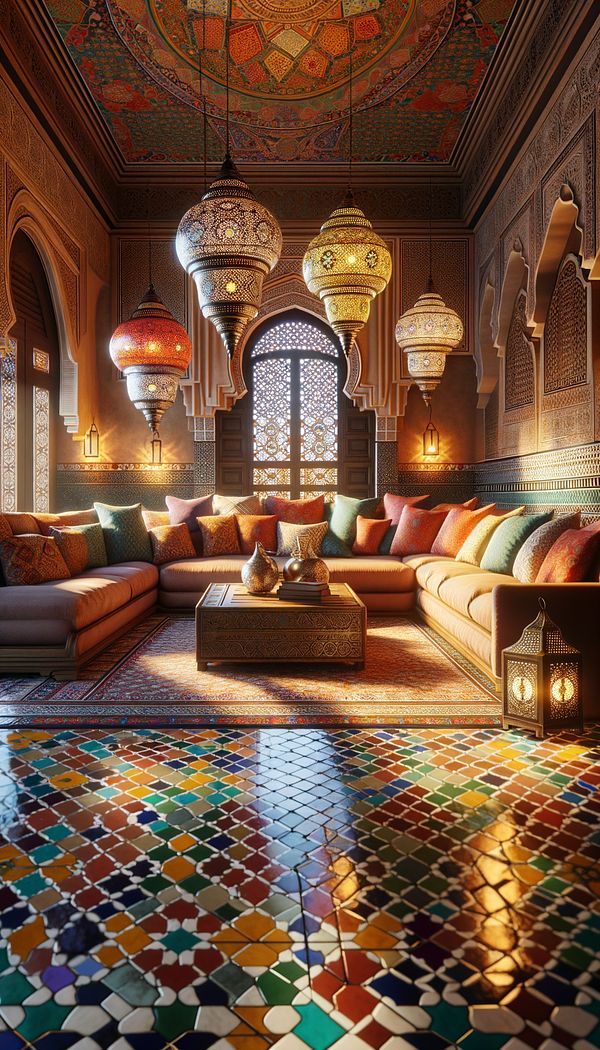 a warm and ornate living room displaying Moroccan design elements such as colorful tiles, plush fabrics, and intricate metal lanterns