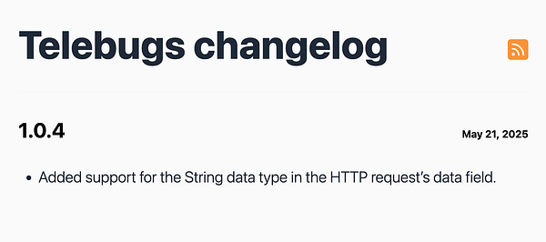 The image displays a changelog for the Telebugs application version 1.0.4.