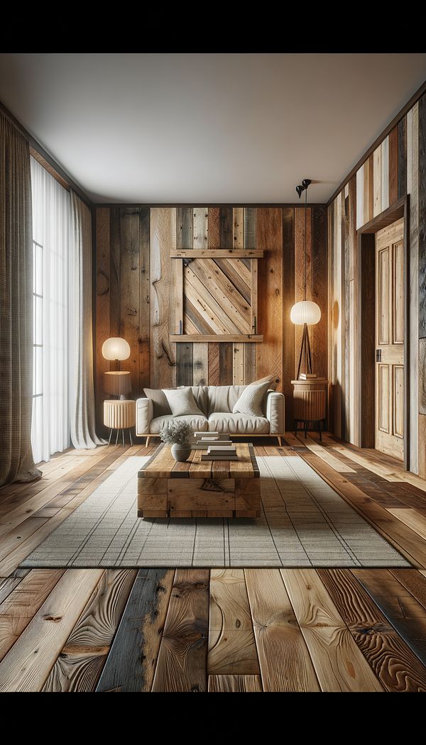 A cozy living room featuring reclaimed wood flooring, a coffee table crafted from an old barn door, and wall paneling that adds a warm, rustic aesthetic.