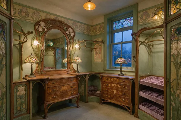 An Art Nouveau closet with ornate carved wood furnishings, a large arched mirror framed by floral motifs, and stained-glass table lamps. Soft green walls with decorative floral borders, curved brass hanging rods, and a window with colored glass panels create a romantic, handcrafted atmosphere.