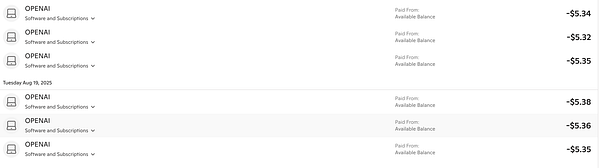 The image displays a list of transactions related to OpenAI subscriptions, showing various charges.