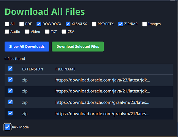 A user interface for downloading files with various options and a list of downloadable items.