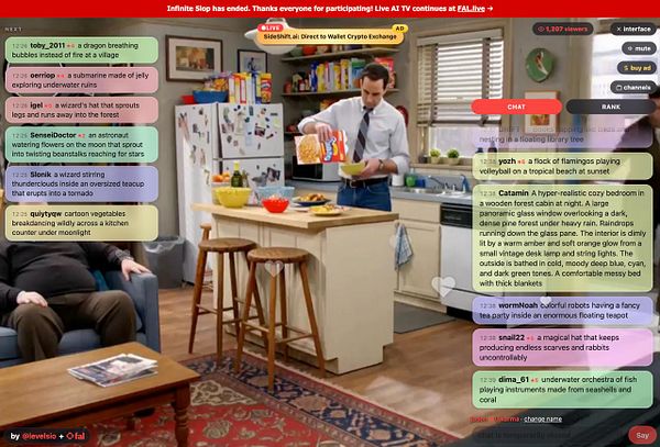 A TV show scene from The Big Bang Theory with a live interactive chat overlay displaying creative prompts related to Infinite Slop and the announcement that Infinite Slop has ended.