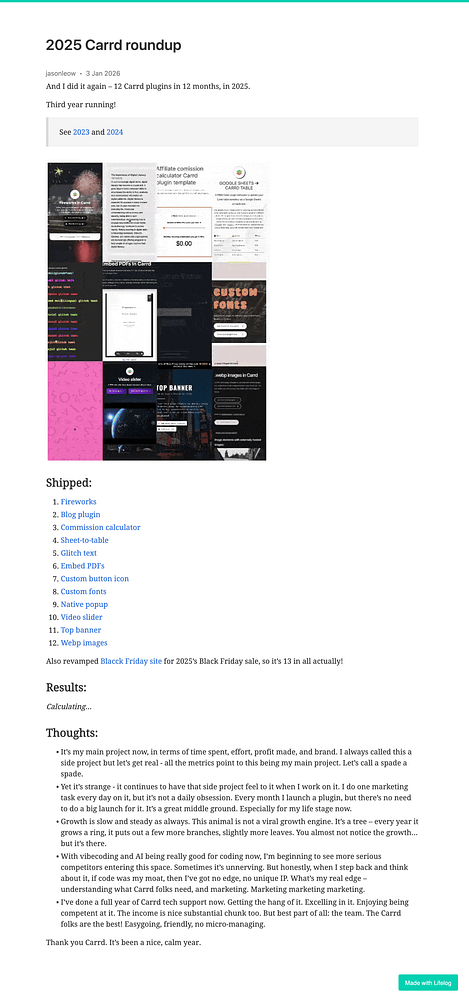Smartphone screen displaying a digital journal or blog entry titled 'Day 1829 - 2025 Carrd roundup' with linked URL and hashtags.