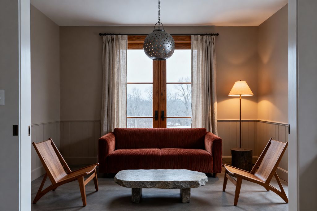 A cozy farmhouse living room centers on a rust-colored, ribbed sofa facing a chunky, rough-edged stone coffee table. Two angled oak lounge chairs, linen curtains framing wood French doors, a perforated metal pendant, a floor lamp with a parchment shade on a stump side table, painted beadboard wainscoting, and a smooth concrete floor complete the space, lit with warm ambient light and a winter landscape visible through the window.