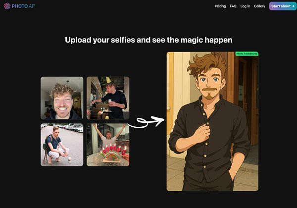 The image showcases a photo editing interface for transforming selfies into animated characters.