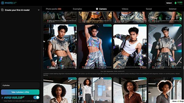 The image displays a user interface for generating AI model photos, featuring various sample images of models in different outfits.