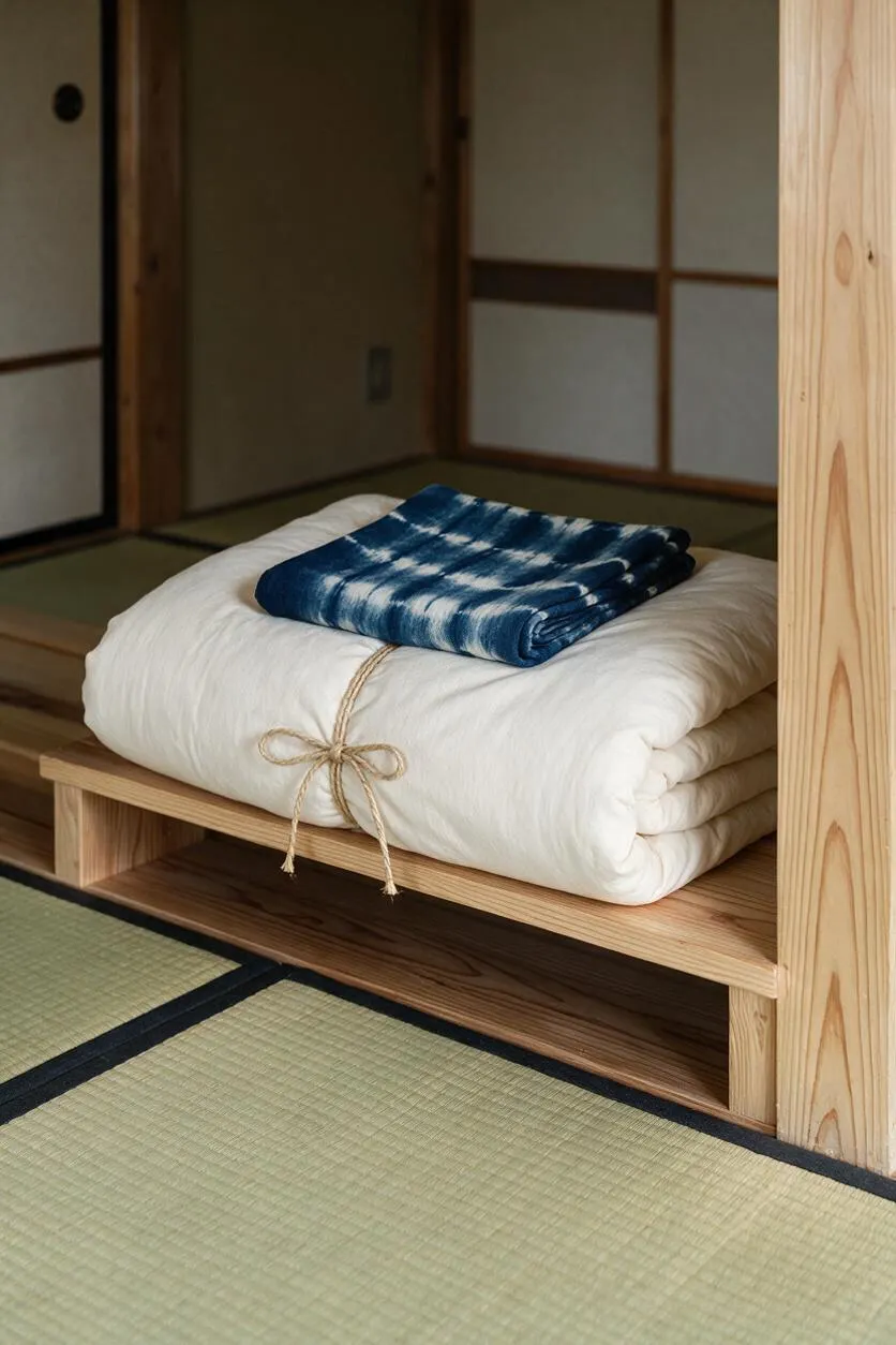 A low Japanese-style sleeping setup sits on tatami flooring, featuring a light pine wood platform holding a folded white futon tied with twine and topped with a blue tie-dye textile. Shoji-style wall panels and warm wood trim create a calm Zen atmosphere.