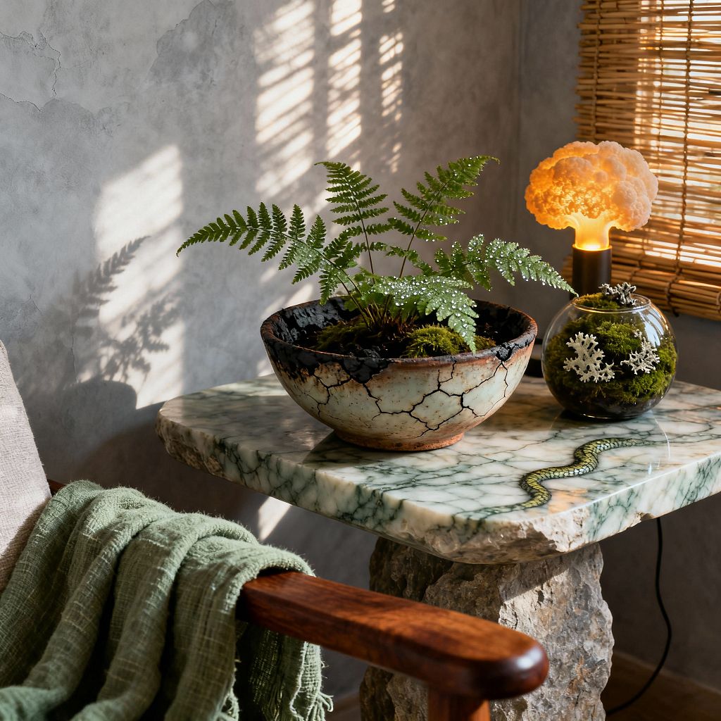 A sunlit living room vignette shows a green marble-topped side table on a rough stone pedestal beside a wooden armchair draped with a soft green textile. On the table, a crackle-glazed ceramic bowl with fern and moss sits next to a glass terrarium and a small warm-glow mineral lamp, while bamboo blinds cast linear shadows across a textured gray plaster wall.