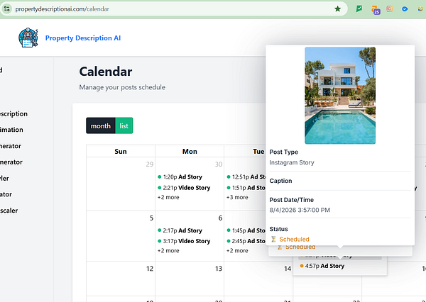 Screenshot of an Instagram post scheduler interface showing a Mediterranean-style villa image with scheduling options and posting history.