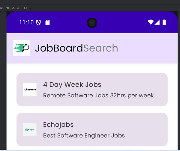The image displays a mobile app interface for JobBoardSearch featuring job listings.