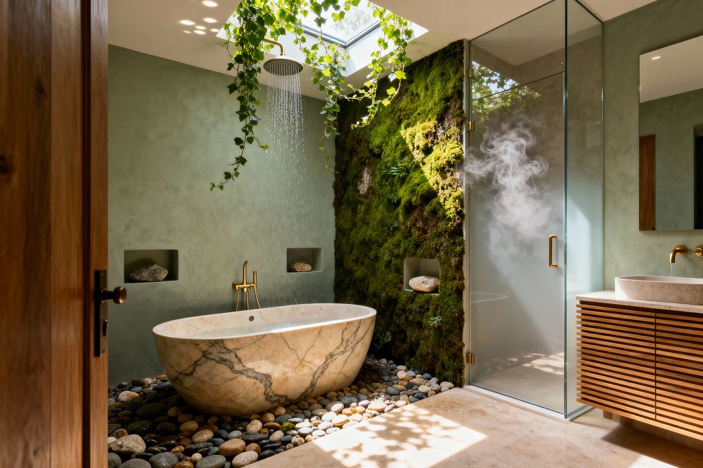 A spa-like bathroom features a freestanding veined marble tub set in river pebbles beneath a ceiling rain shower illuminated by a skylight with trailing vines. Sage green plaster walls include recessed niches with stones beside a full living moss wall, while a frosted-glass steam shower stands opposite a slatted wood vanity with a stone basin and brass taps, all bathed in warm natural light.