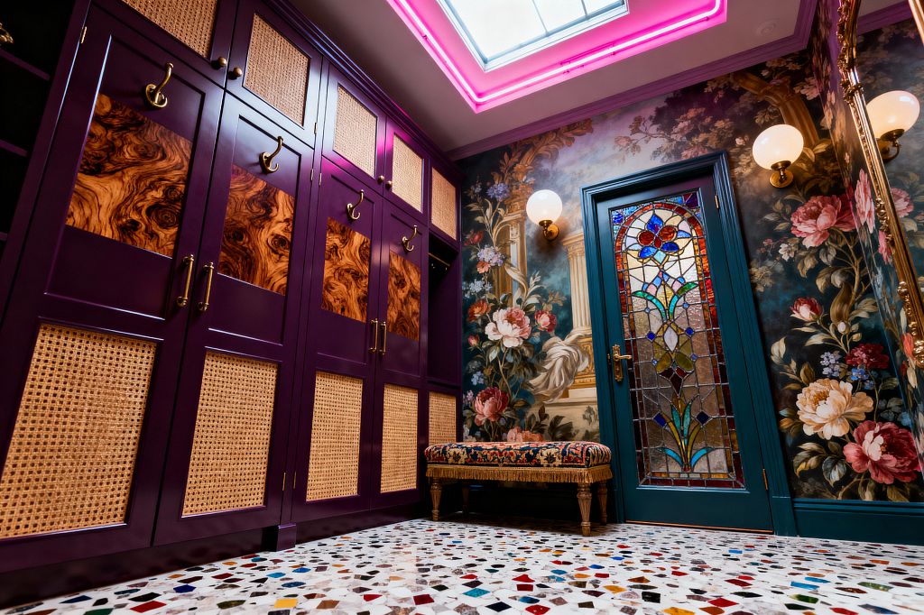 A maximalist mudroom features floor-to-ceiling aubergine cabinets with cane panels and burl-wood inserts, finished with brass hooks and pulls. Opposite, floral mural walls frame a teal door with multicolored stained glass; a tapestry bench with fringe, opal globe sconces, a gilded mirror, and a confetti terrazzo floor sit under a skylight edged in pink neon.