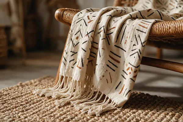 A cream-colored throw with scattered black and rust geometric marks is draped over a woven rattan chair. The fabric has long fringe at the edge and rests above a chunky natural jute rug, creating a warm bohemian corner with earthy textures.