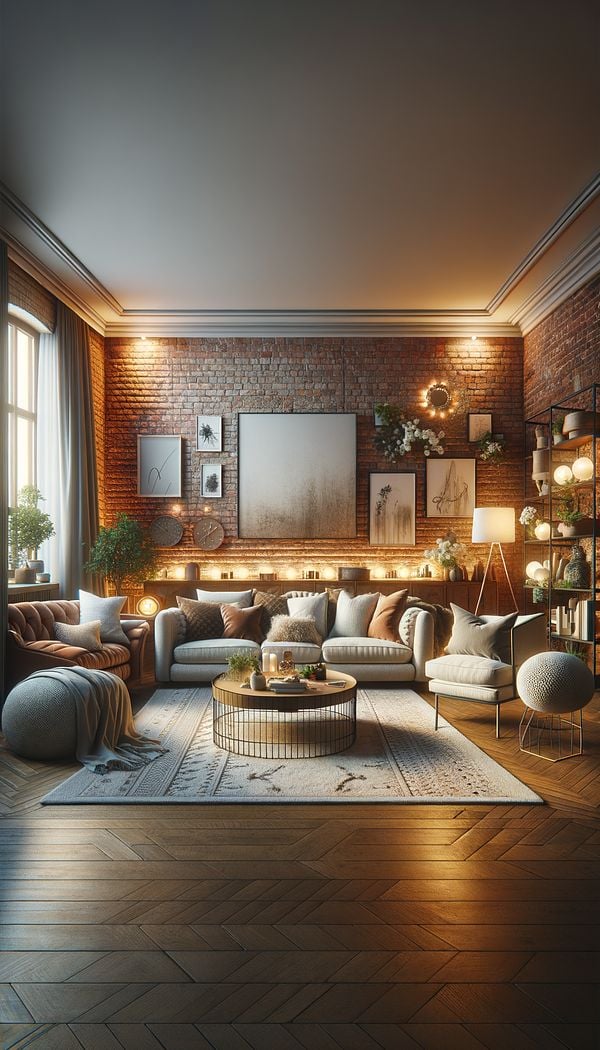 a cozy living room featuring an exposed brick wall, softened by warm lighting and surrounded by comfortable furniture and decorative elements