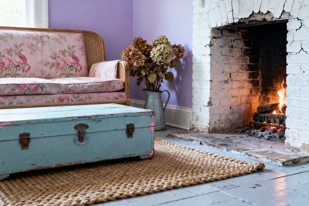 A shabby chic living room features a pink floral-upholstered rattan sofa against lavender walls beside a white-painted brick fireplace with a live fire. A distressed turquoise trunk with pink accents serves as a coffee table on a chunky jute rug over pale gray-blue floorboards, while a galvanized metal pitcher filled with dried hydrangeas sits near the hearth and daylight from a window with white trim softens the room’s pastel palette and worn textures.