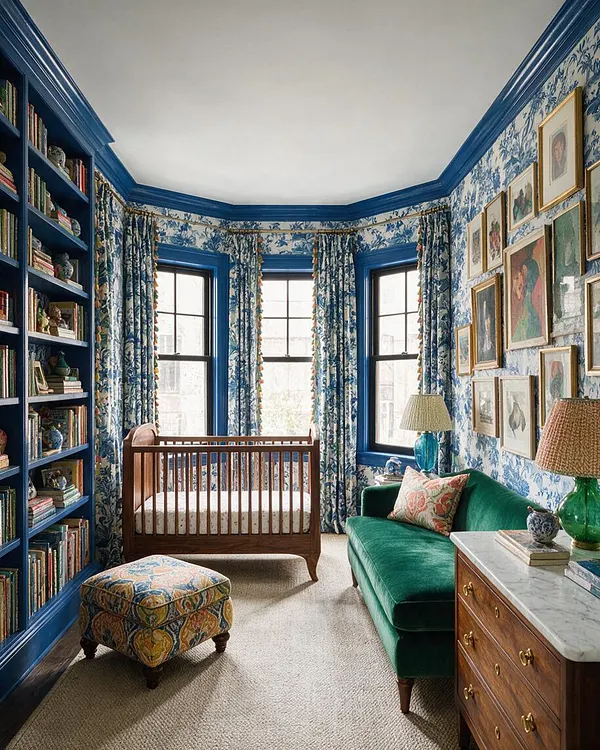 A maximalist nursery with bold blue trim, floral wallpaper, and matching patterned curtains around three tall windows. The room includes a wooden crib, a green velvet sofa, a built-in bookshelf filled with books and decorative objects, framed art gallery walls, a patterned ottoman, and a wood dresser with a marble top.