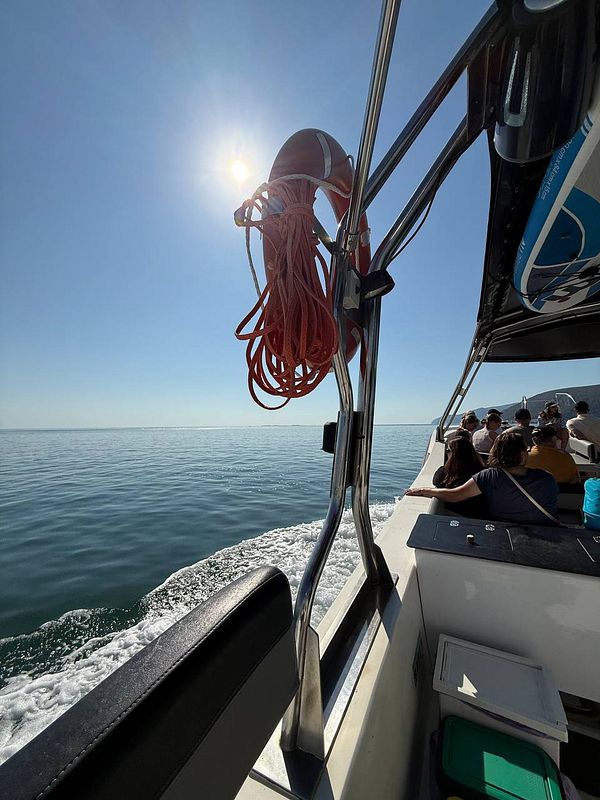 A scenic view from a boat on a calm sea, with passengers enjoying the ride under a bright sun.