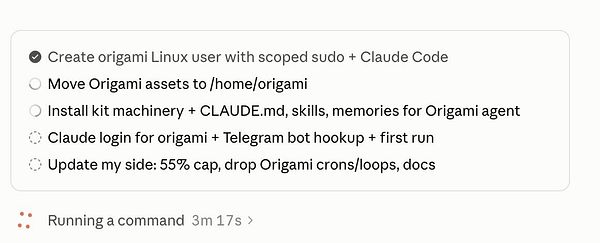 A task list interface showing a to-do list with some tasks completed and others pending, related to setting up an origami Linux user and configuring related assets and bots.