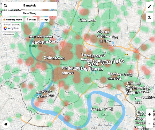 A nighttime urban map with heatmap overlays showing data intensity in red, orange, and yellow across the downtown area.