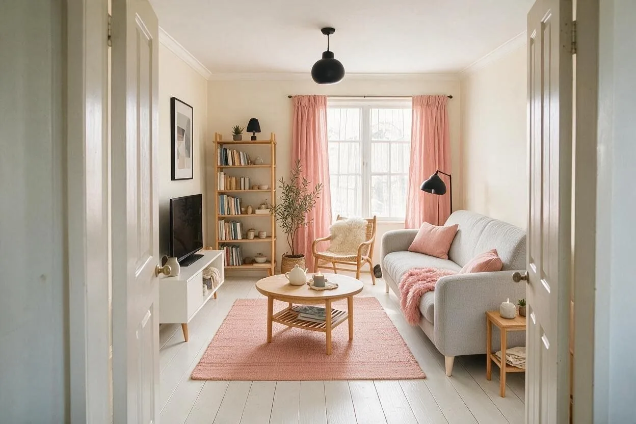 The same Scandinavian living room in the Warm Wool palette: oat, ash, camel, terracotta blush, and black