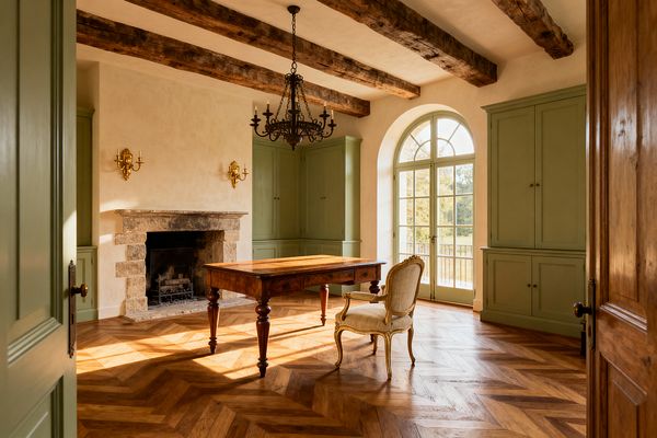 A sunlit French Country home office with an oak chevron parquet floor, rough timber ceiling beams, and creamy plaster walls. A stone fireplace with a limestone surround sits between sage-green built-in cabinets, while an antique walnut writing desk and a carved Louis-style chair with beige linen upholstery stand at center. A wrought-iron chandelier and brass candle sconces accent the room, and a large arched divided-light French door brings in garden views.