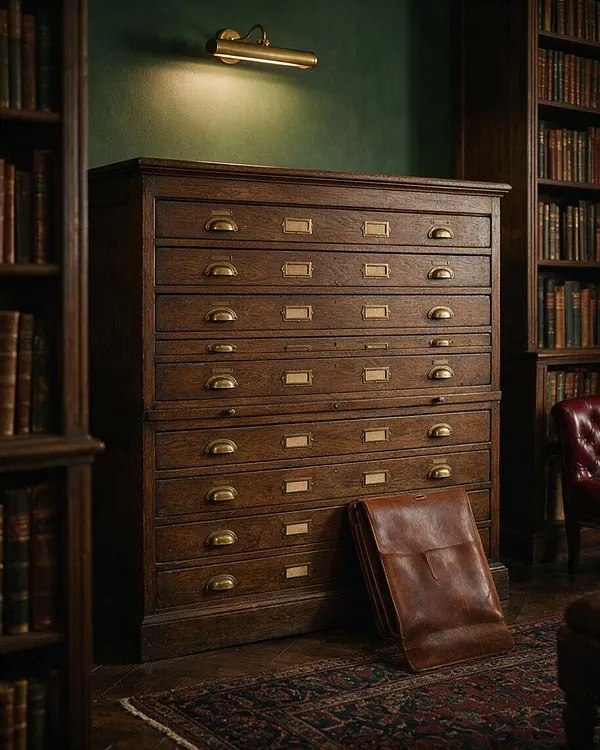 A dark academia-style study featuring a large antique wooden cabinet with multiple shallow drawers, each fitted with brass label pulls and half-moon handles. It stands against deep green walls between tall bookcases, with a leather seat or portfolio leaning at the base and a brass picture light casting a warm glow above.