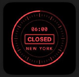 A futuristic digital clock interface labeled NYSEtime displaying the current time with red and blue elements on a black background.