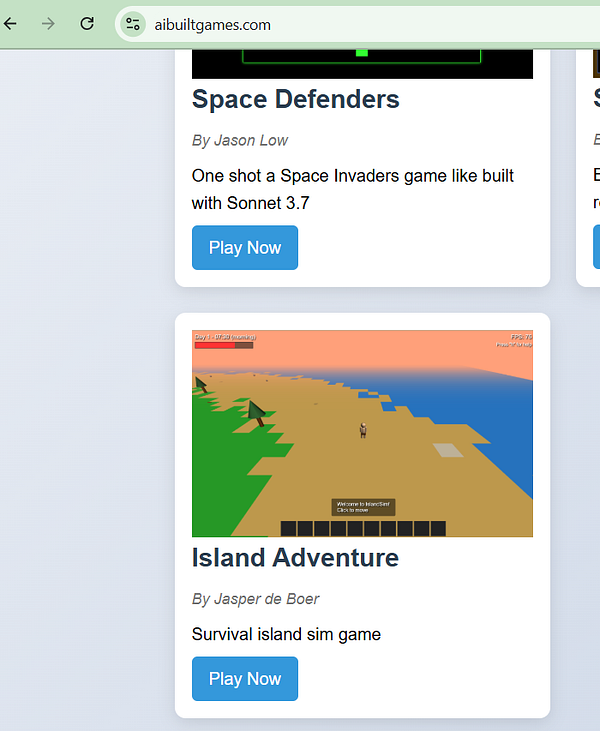 The image displays a webpage featuring a game titled 'Island Adventure' along with other games.
