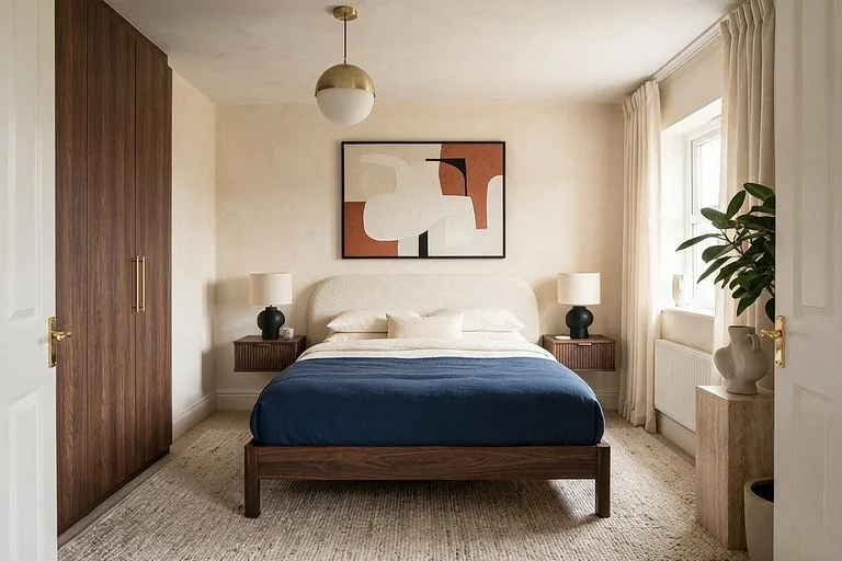 A Modern bedroom in the Beige and Navy palette: beige, navy, ivory, walnut, and black