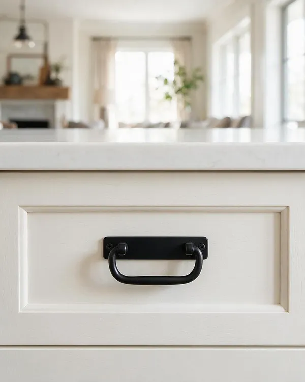 A close-up of a white farmhouse-style cabinet drawer with recessed panel detailing and a matte black metal drawer pull. In the softly blurred background, a bright, neutral living space with a fireplace, wood mantel, and large windows suggests an airy open-concept home.