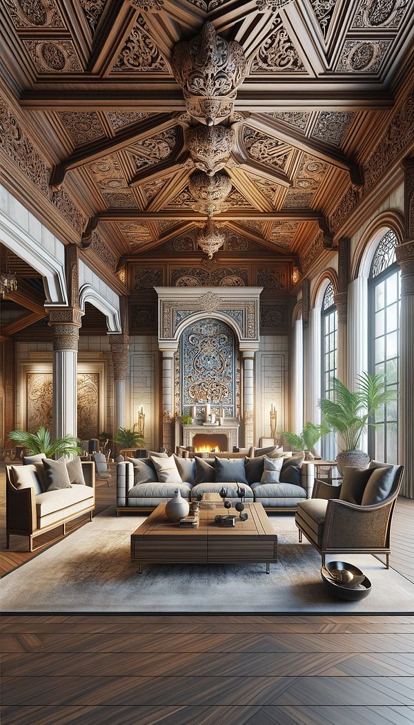 A luxurious living room with high ceilings, featuring elements of Spanish Renaissance design such as ornate wooden carvings, azulejos, and wrought iron details, set in a contemporary home.