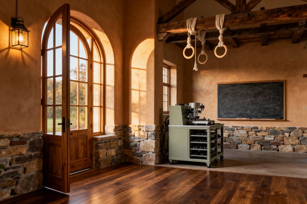 A spacious farmhouse-style home gym is illuminated by tall arched French doors with wood frames, casting warm light onto walnut floors. Clay-toned plaster walls are finished with a fieldstone wainscot, exposed timber beams hold thick ropes and wooden rings, and a sage-green steel equipment cart sits on a concrete pad. A chalkboard hangs on the wall and a glass lantern sconce flanks the entry.