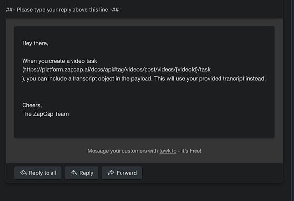 The image displays a message interface containing instructions for creating a video task with a transcript object.