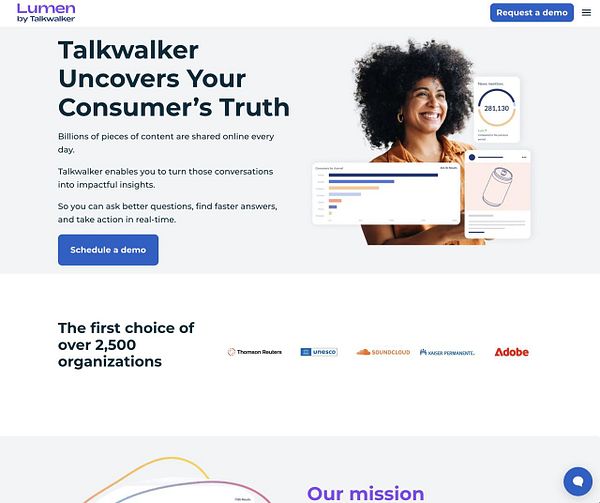 Landing page of Talkwalker's Lumen platform showcasing content analysis and consumer insights with a call to action.