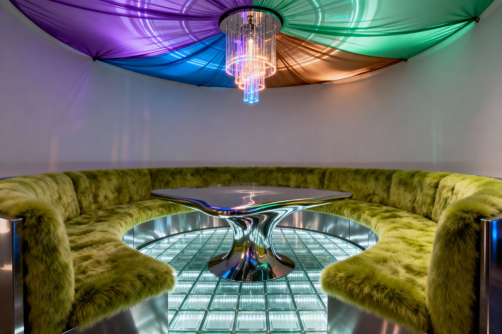A circular dining nook features a sculptural chrome pedestal table surrounded by a curved banquette upholstered in chartreuse shag faux fur. A glass‑block floor lit from below casts a cool white grid, mirrored by the stainless frame of the seating. Overhead, a radial canopy of translucent fabric in purple, teal, and bronze converges at a multicolor LED chandelier with tubular lights, washing the white walls with shifting neon reflections.