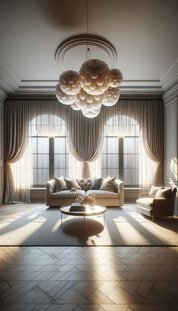 An elegant living room with large windows adorned with billowy balloon shades in a soft, luxurious fabric, casting a warm, inviting light across the room.