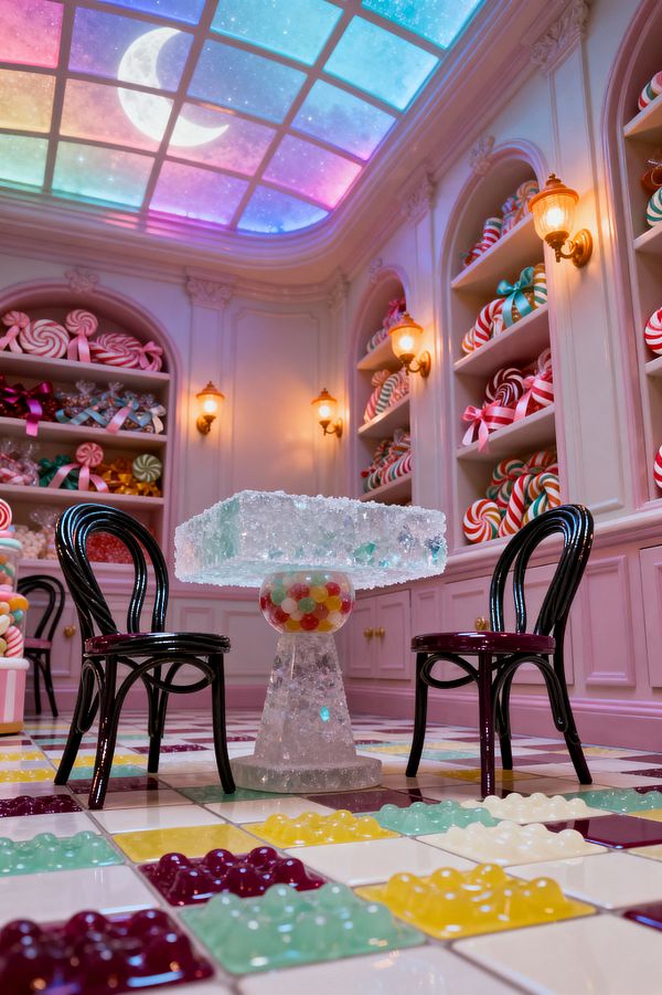 Imaginative dining room styled like a candy shop with a square, crystalline table on a translucent pedestal topped by a glass globe filled with colorful gumballs, paired with two glossy black bentwood chairs. Walls in pastel pink hold arched shelves stacked with oversized lollipops and candy canes, while warm brass sconces glow; the shiny checkerboard floor features raised gummy-bear tiles, and a rainbow night-sky skylight with a crescent moon spans the ceiling.