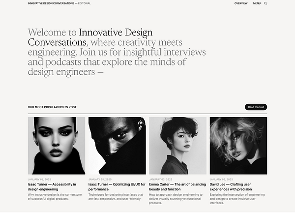 The image displays a webpage titled 'Innovative Design Conversations' featuring editorial content and popular posts.