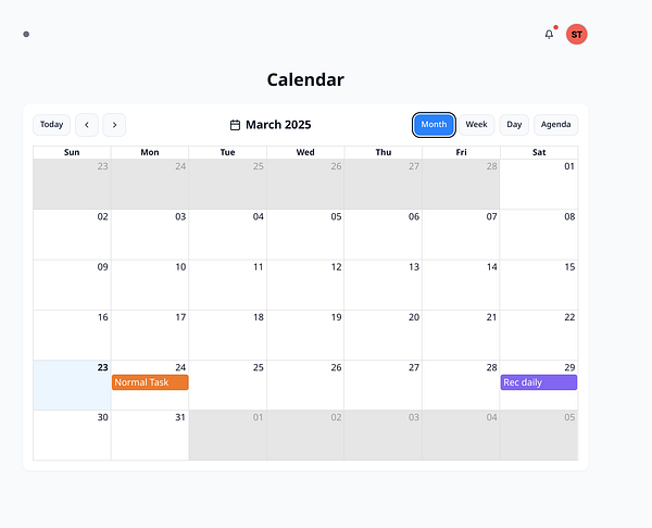 A calendar interface for March 2025 displaying scheduled tasks.