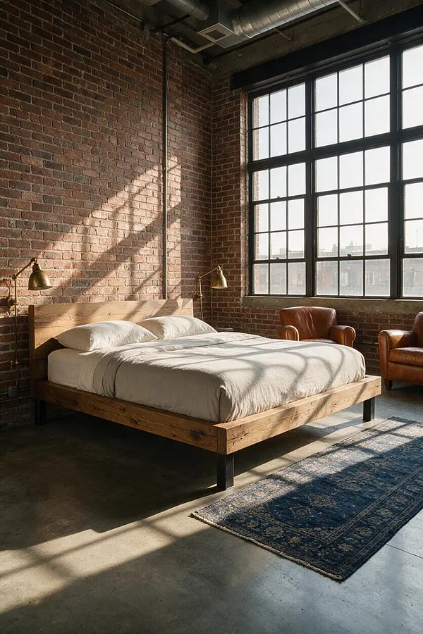 A sunlit industrial master bedroom with exposed brick walls, a black-framed factory-style window, and a low wooden bed with white bedding. Brass reading lamps, leather armchairs, a concrete floor, and a patterned rug complete the warm loft-inspired look.
