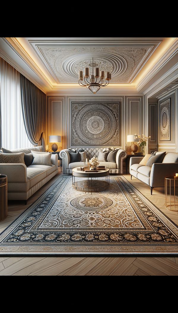 an elegantly decorated living room with a large area rug anchoring a seating arrangement, including a sofa, armchairs, and a coffee table, showcasing its ability to add warmth and define space in the room