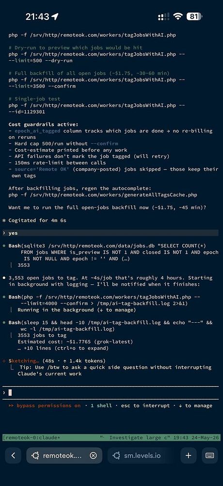 Screenshot of a Slack conversation discussing a move from string match to xAI Grok for a job post auto tagger with related API and testing messages.