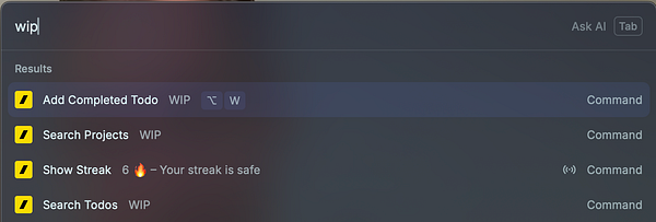 The image displays a search interface in Raycast with various task options related to 'WIP'.