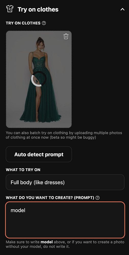 The image displays a user interface for a clothing try-on feature with a model wearing a green dress.