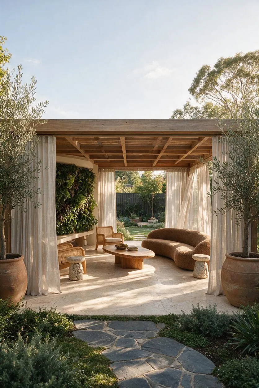 A serene backyard pavilion with a timber pergola roof, sheer curtains, and a curved boucle-like sofa arranged around a low wooden coffee table. Large terracotta planters with olive trees frame the open lounge, while a vertical living wall and lush garden plantings strengthen the biophilic feel.